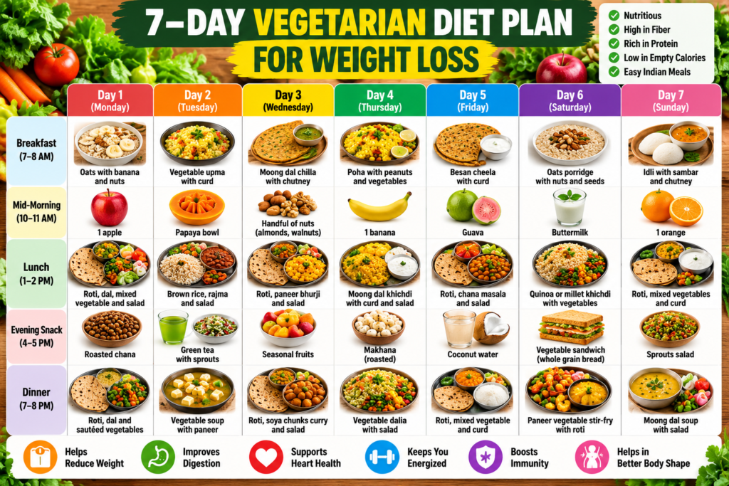 7-day Indian vegetarian diet plan for weight loss with breakfast, lunch, snacks and dinner