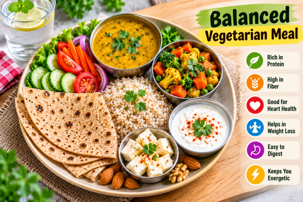 Balanced Indian vegetarian meal with dal, roti, vegetables, salad and curd