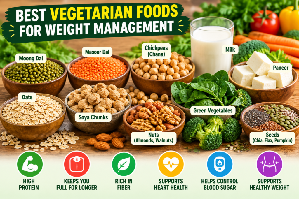 Best vegetarian foods for weight management including dal, chickpeas, paneer, soya chunks, nuts and seeds