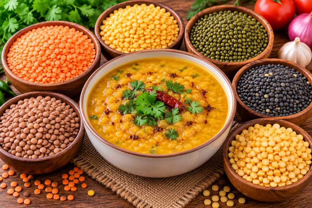 Yellow dal surrounded by bowls of different lentils and pulses