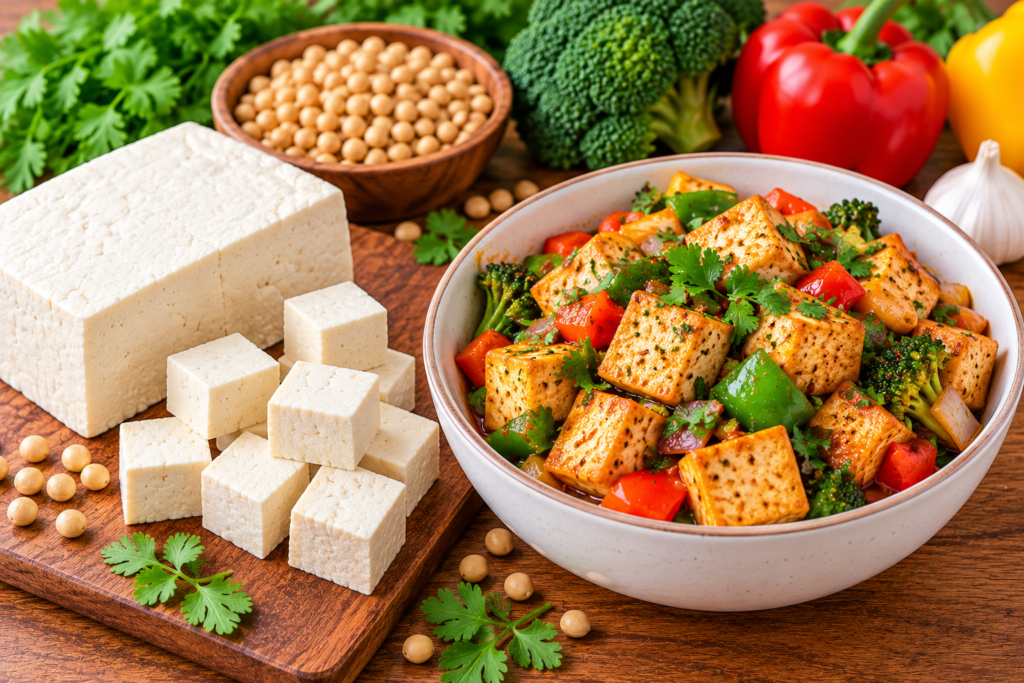 Tofu cubes and stir-fried tofu with vegetables as a vegetarian protein source