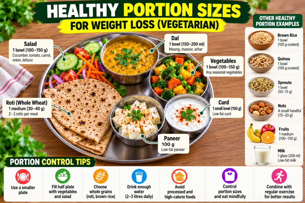 Healthy portion sizes for a vegetarian diet, including dal, roti, vegetables, curd and paneer