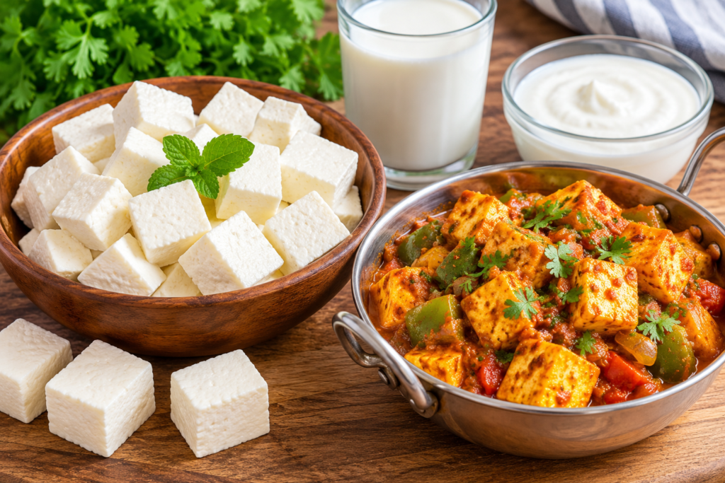 Paneer cubes and paneer curry as vegetarian protein foods