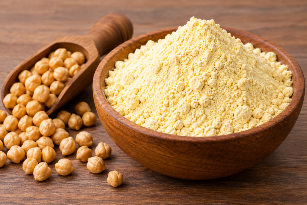 Besan (gram flour) made from chickpeas as a vegetarian protein source