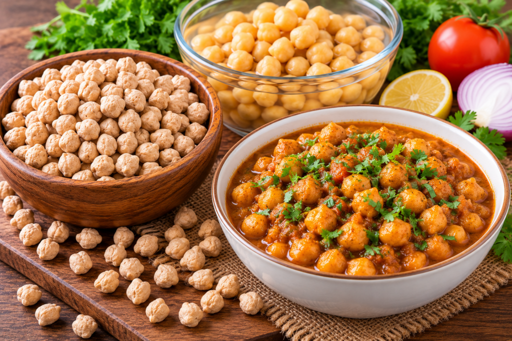 Chickpeas in a bowl with cooked chana masala