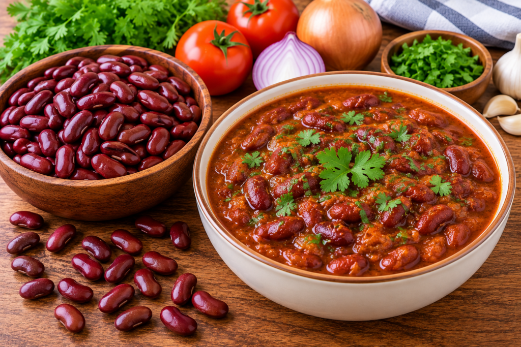 Kidney beans and homemade rajma curry garnished with fresh coriander