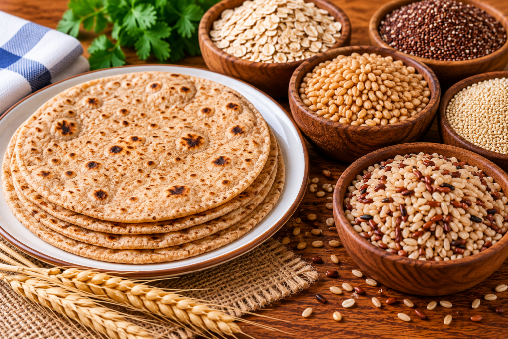 Whole-wheat roti served with a variety of whole grains