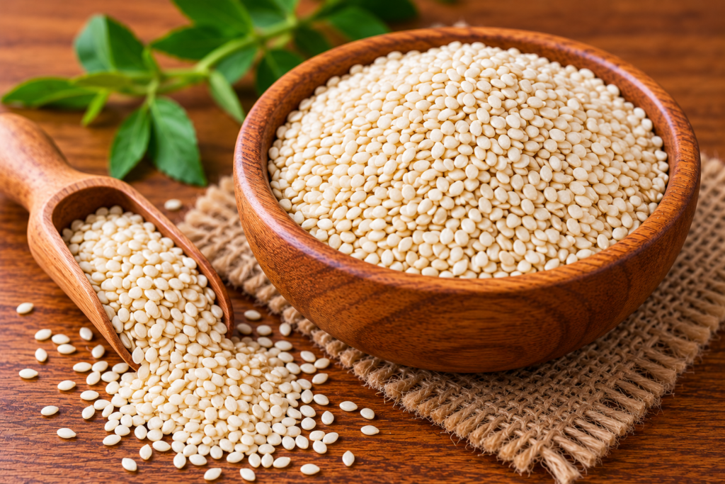 Sesame seeds in a wooden bowl as a plant-based protein source