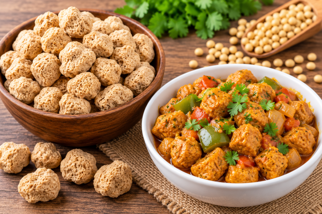 Soya chunks and soya curry as vegetarian protein foods