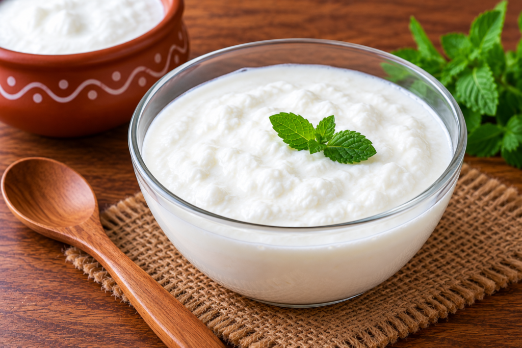 Bowl of fresh curd (dahi) as a vegetarian protein source